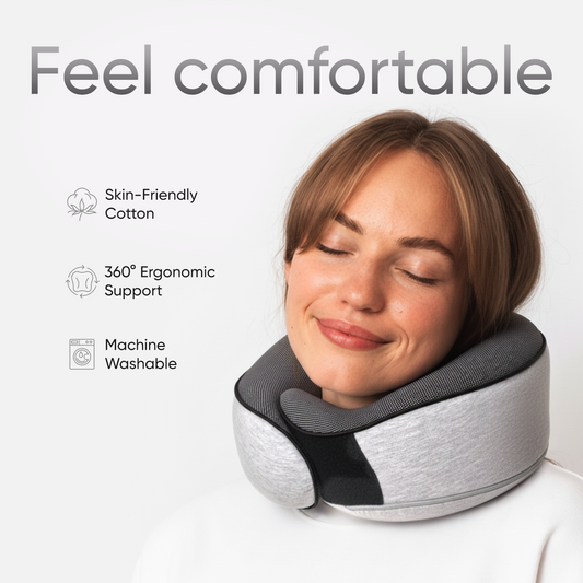 Proglobe Orthopedic Memory Foam Travel Neck Pillow Set – 360° Support Pillow with 3D Eye Mask, Earplugs & Luxury Mesh Carry Bag - Light Gray