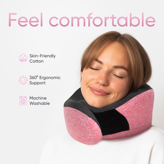 Proglobe Orthopedic Memory Foam Travel Neck Pillow Set – 360° Support Pillow with 3D Eye Mask, Earplugs & Luxury Mesh Carry Bag - Pink
