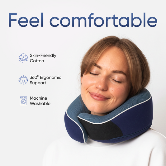 Proglobe Orthopedic Memory Foam Travel Neck Pillow Set – 360° Support Pillow with 3D Eye Mask, Earplugs & Luxury Mesh Carry Bag - Blue