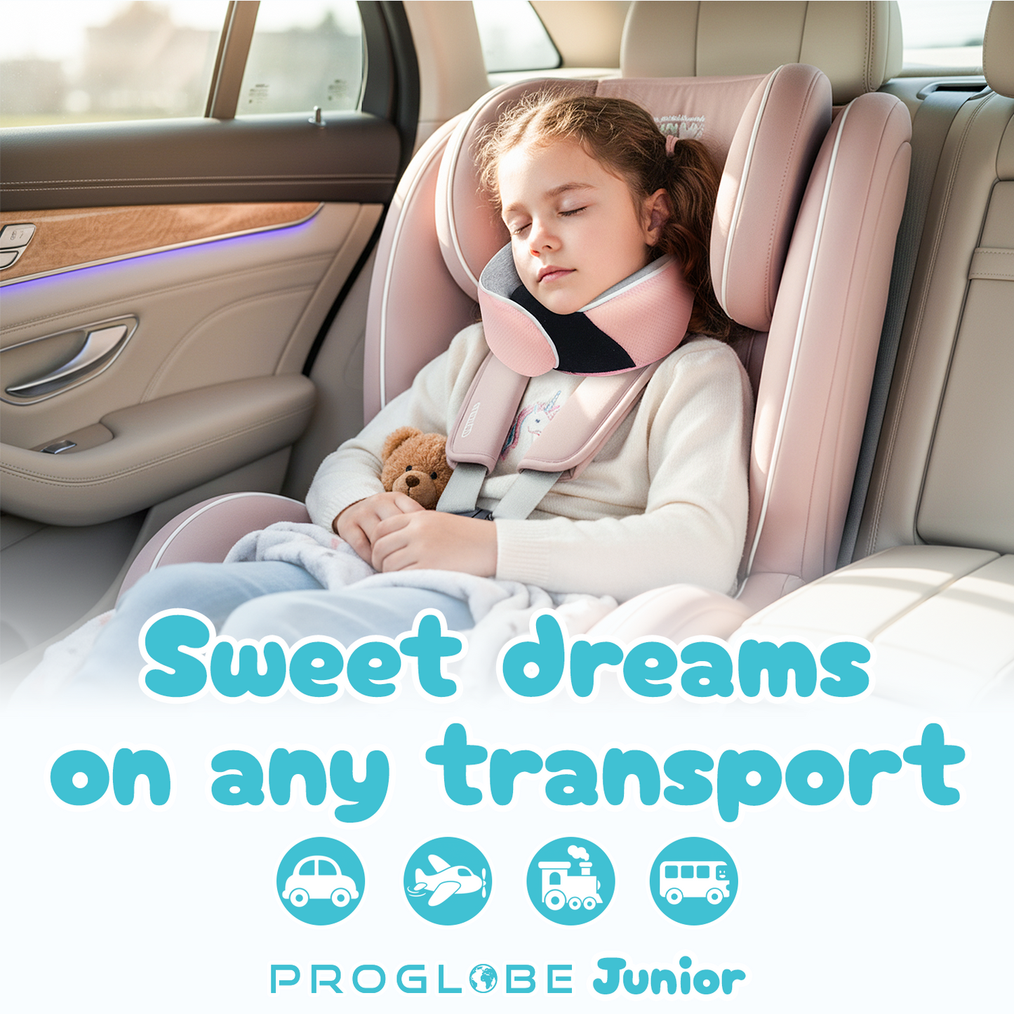 Proglobe Junior Kids Travel Neck Pillow (Light Pink) – Ergonomic Memory Foam Neck Pillow for Car Seat & Airplane, Chin Support, Washable Cover, Ages 4–13