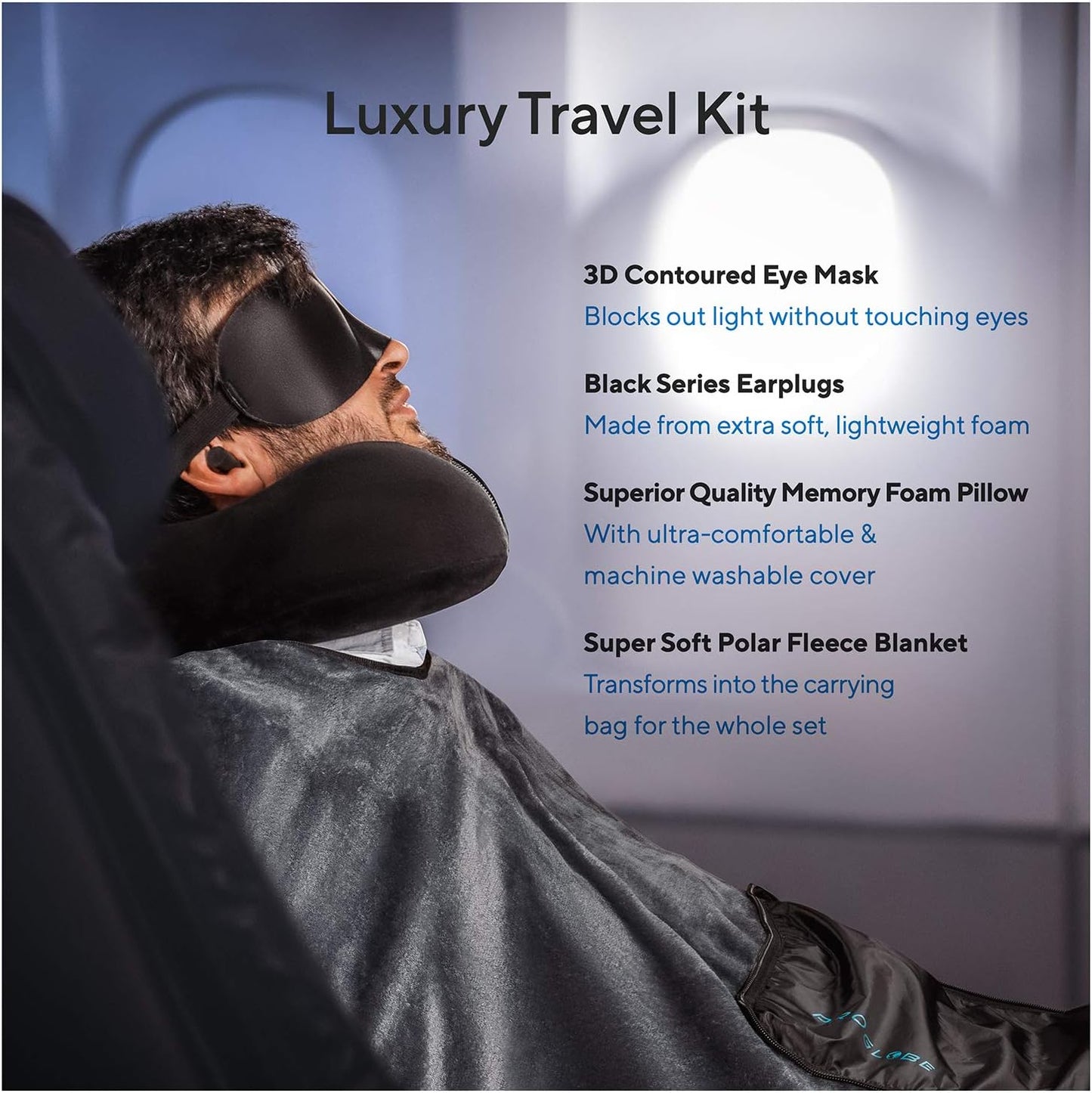 Proglobe 4-in-1 Luxury Travel Blanket Set – Memory Foam Neck Pillow, Super Soft Fleece Blanket, 3D Sleep Mask & Earplugs Travel Kit