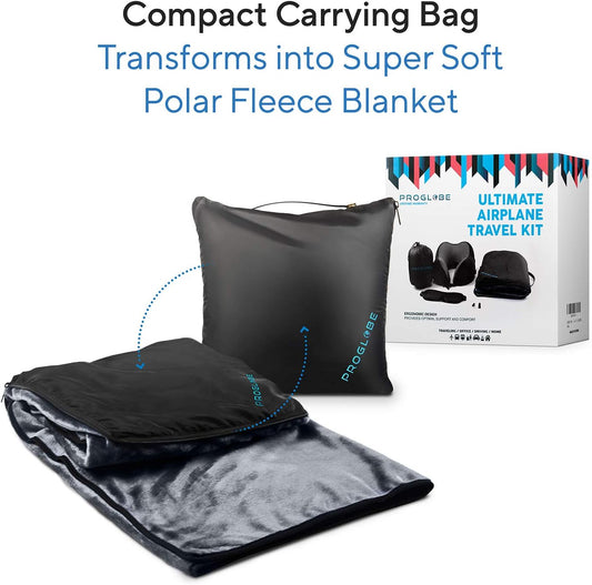 Proglobe 4-in-1 Luxury Travel Blanket Set – Memory Foam Neck Pillow, Super Soft Fleece Blanket, 3D Sleep Mask & Earplugs Travel Kit