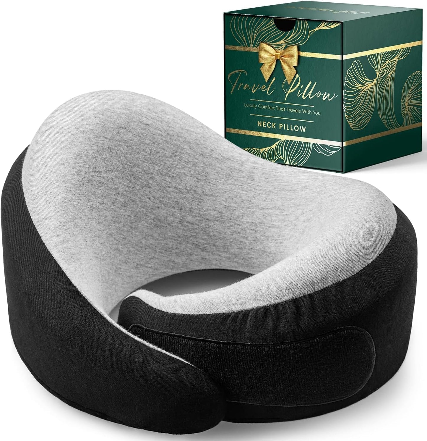 Ash Black Memory Foam Luxe Travel Neck Pillow for Airplanes – Lightweight Ergonomic Chin Support Pillow with Compression Bag for Long Flights