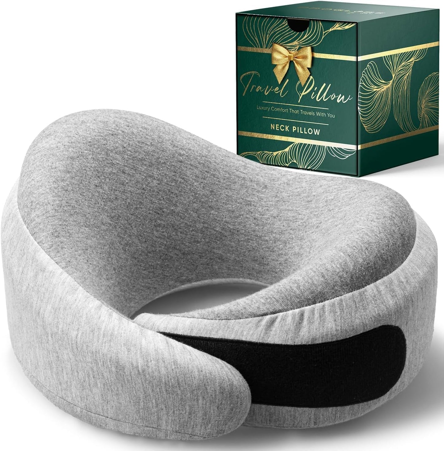 Proglobe Charcoal Black Memory Foam Travel Neck Pillow for Airplanes – Lightweight Ergonomic Chin Support Pillow with Compression Bag
