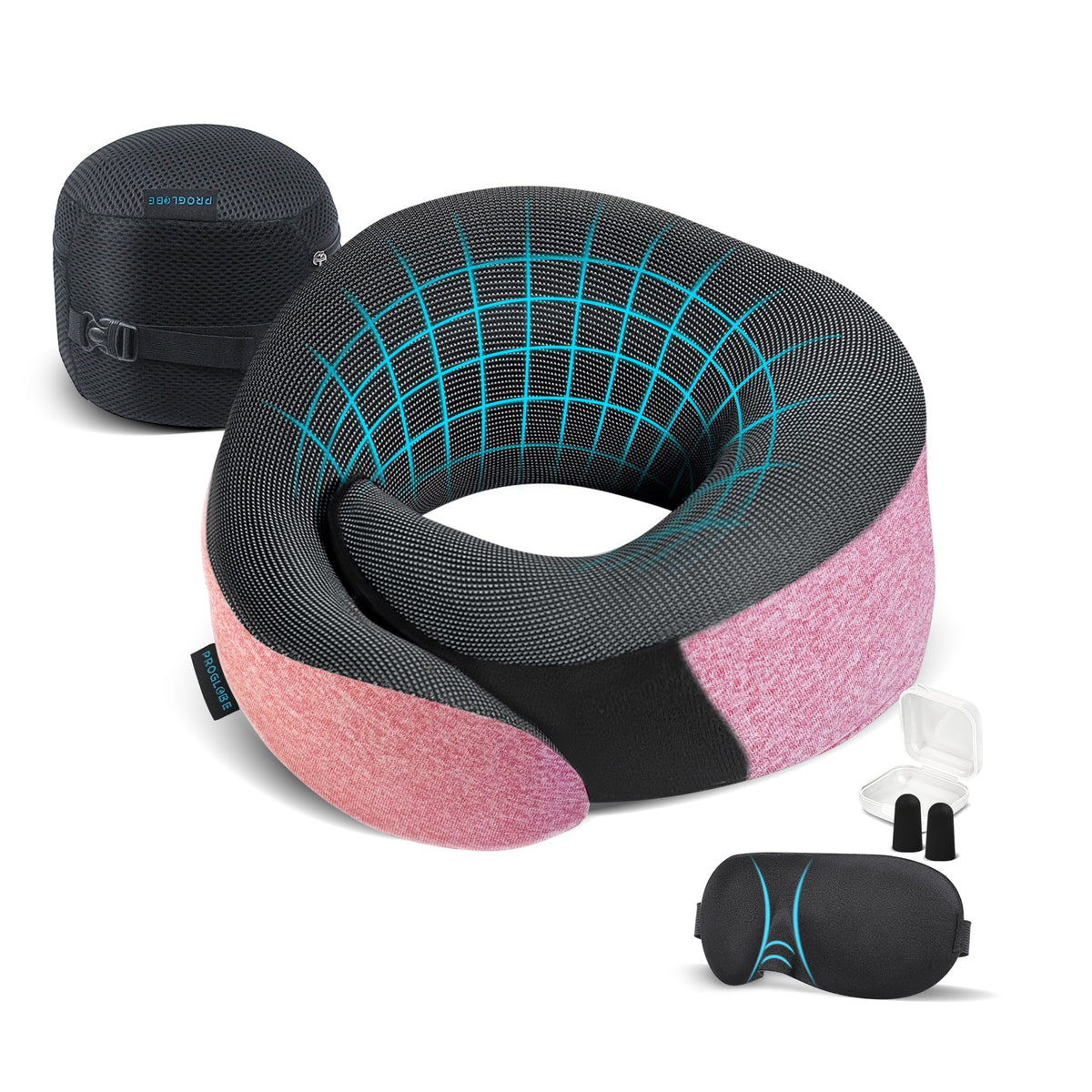 Proglobe Orthopedic travel neck pillow set in Pink with eye mask, earplugs and mesh carry bag