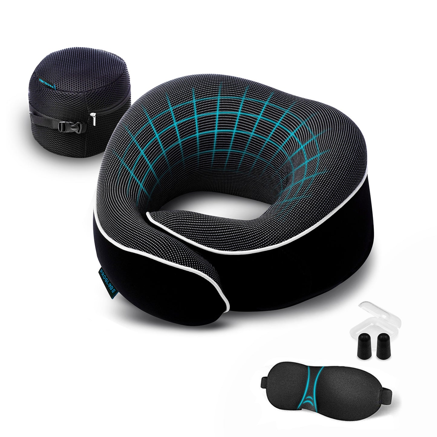 Proglobe Orthopedic Memory Foam Travel Neck Pillow Set – 360° Support Pillow with 3D Eye Mask, Earplugs & Luxury Mesh Carry Bag - Pink