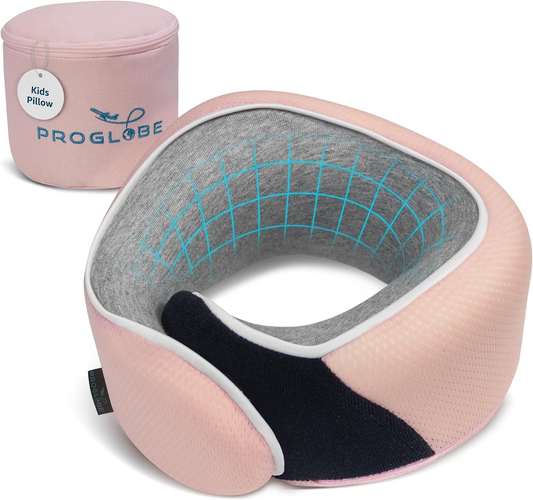 Proglobe Junior kids travel neck pillow in Light Pink, memory foam with chin support