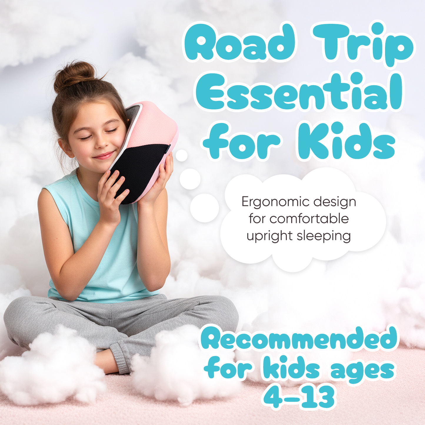 Proglobe Junior Kids Travel Neck Pillow (Light Pink) – Ergonomic Memory Foam Neck Pillow for Car Seat & Airplane, Chin Support, Washable Cover, Ages 4–13