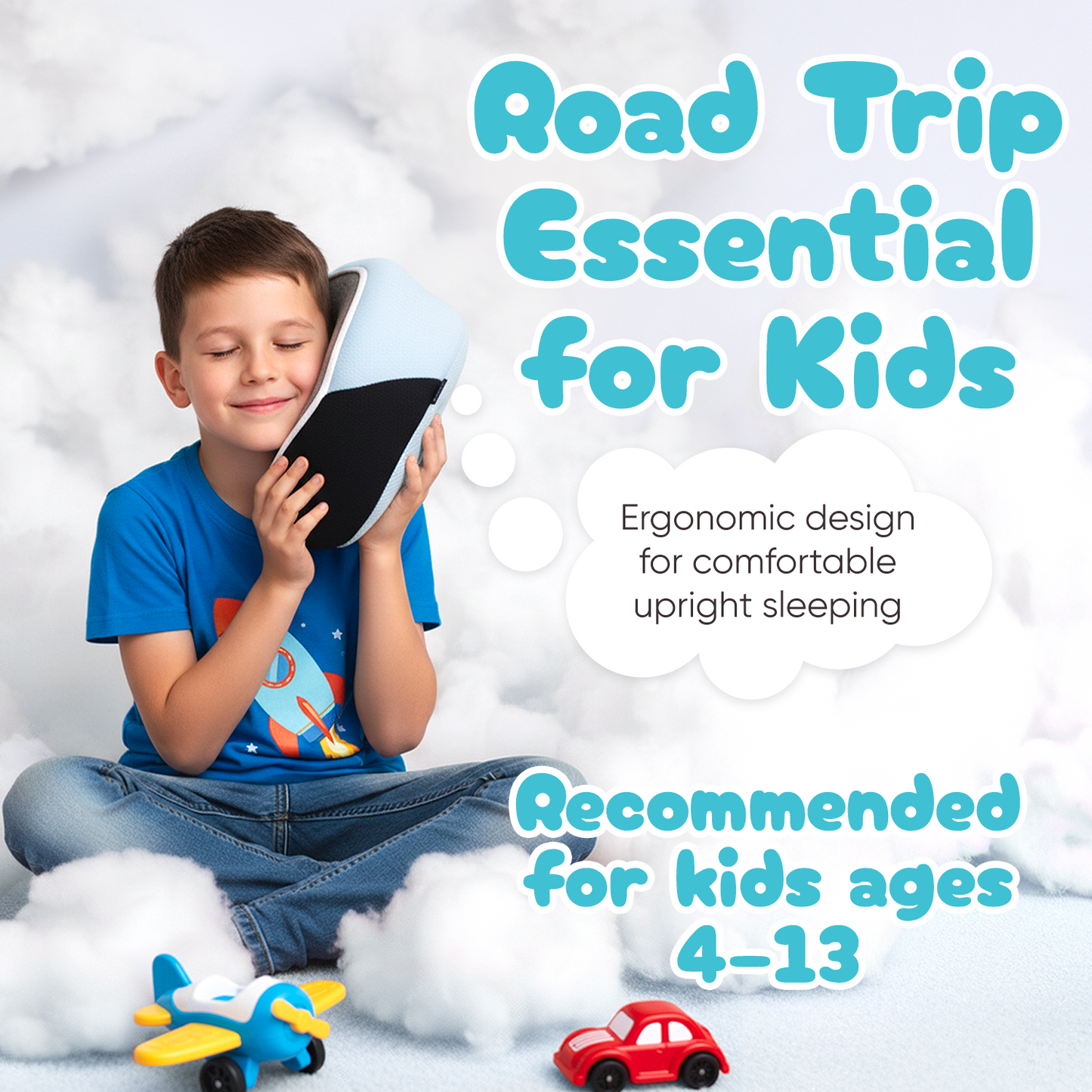 Proglobe Junior Kids Travel Neck Pillow (Light Blue) – Ergonomic Memory Foam Neck Pillow for Car Seat & Airplane, Chin Support, Washable Cover, Ages 4–13