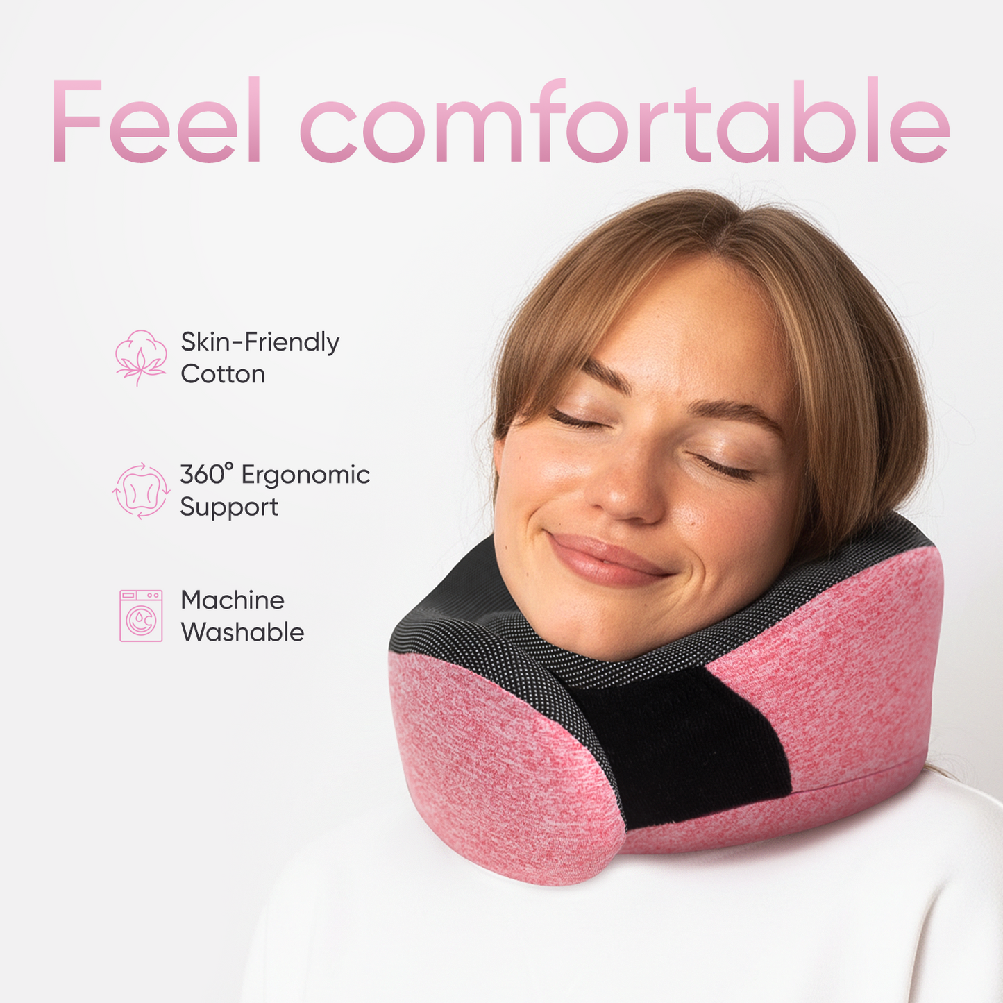 Proglobe Orthopedic Memory Foam Travel Neck Pillow Set – 360° Support Pillow with 3D Eye Mask, Earplugs & Luxury Mesh Carry Bag - Pink