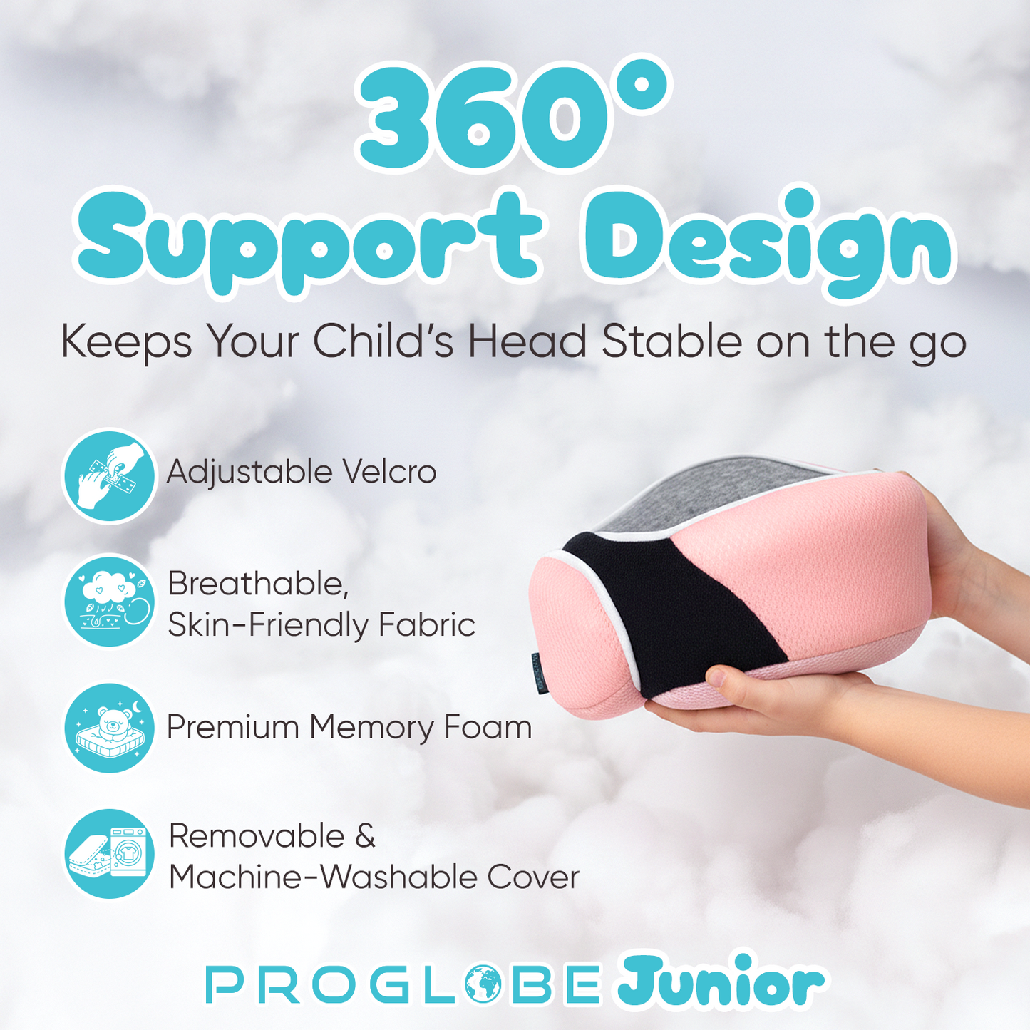 Proglobe Junior Kids Travel Neck Pillow (Light Pink) – Ergonomic Memory Foam Neck Pillow for Car Seat & Airplane, Chin Support, Washable Cover, Ages 4–13