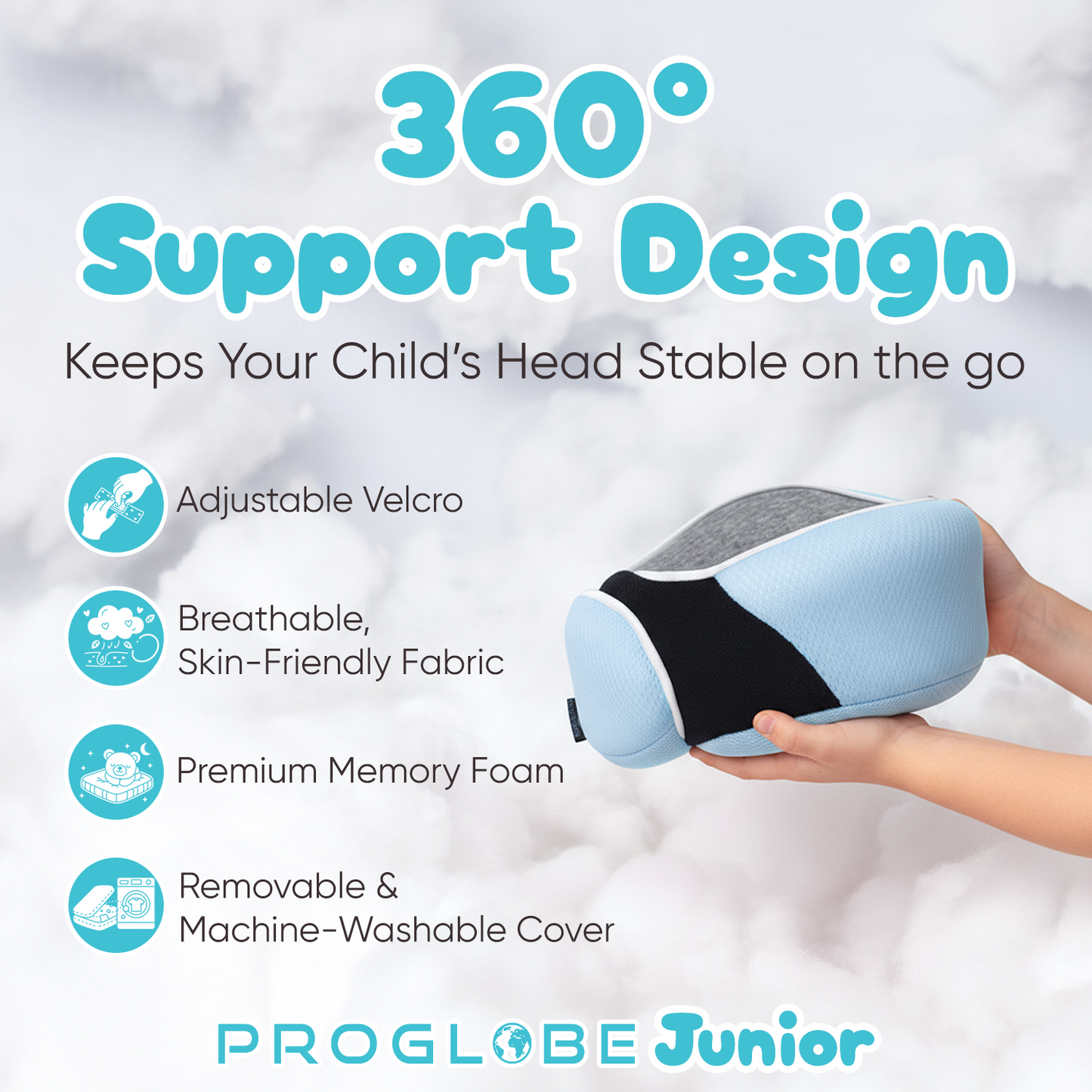 Proglobe Junior Kids Travel Neck Pillow (Light Blue) – Ergonomic Memory Foam Neck Pillow for Car Seat & Airplane, Chin Support, Washable Cover, Ages 4–13