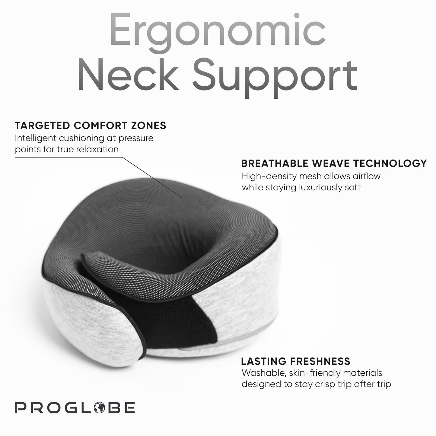Proglobe Orthopedic Memory Foam Travel Neck Pillow Set – 360° Support Pillow with 3D Eye Mask, Earplugs & Luxury Mesh Carry Bag - Light Gray