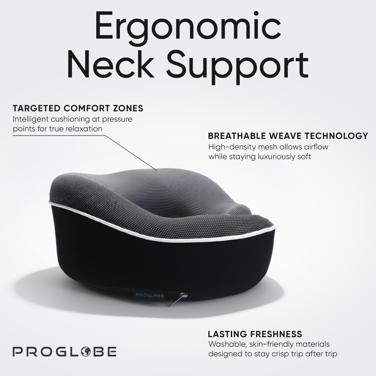 Proglobe Orthopedic Memory Foam Travel Neck Pillow Set – 360° Support Pillow with 3D Eye Mask, Earplugs & Luxury Mesh Carry Bag - Black