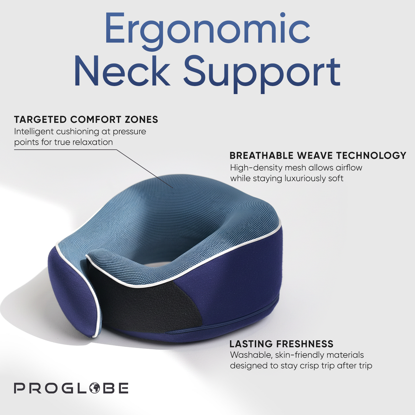 Proglobe Orthopedic Memory Foam Travel Neck Pillow Set – 360° Support Pillow with 3D Eye Mask, Earplugs & Luxury Mesh Carry Bag - Blue