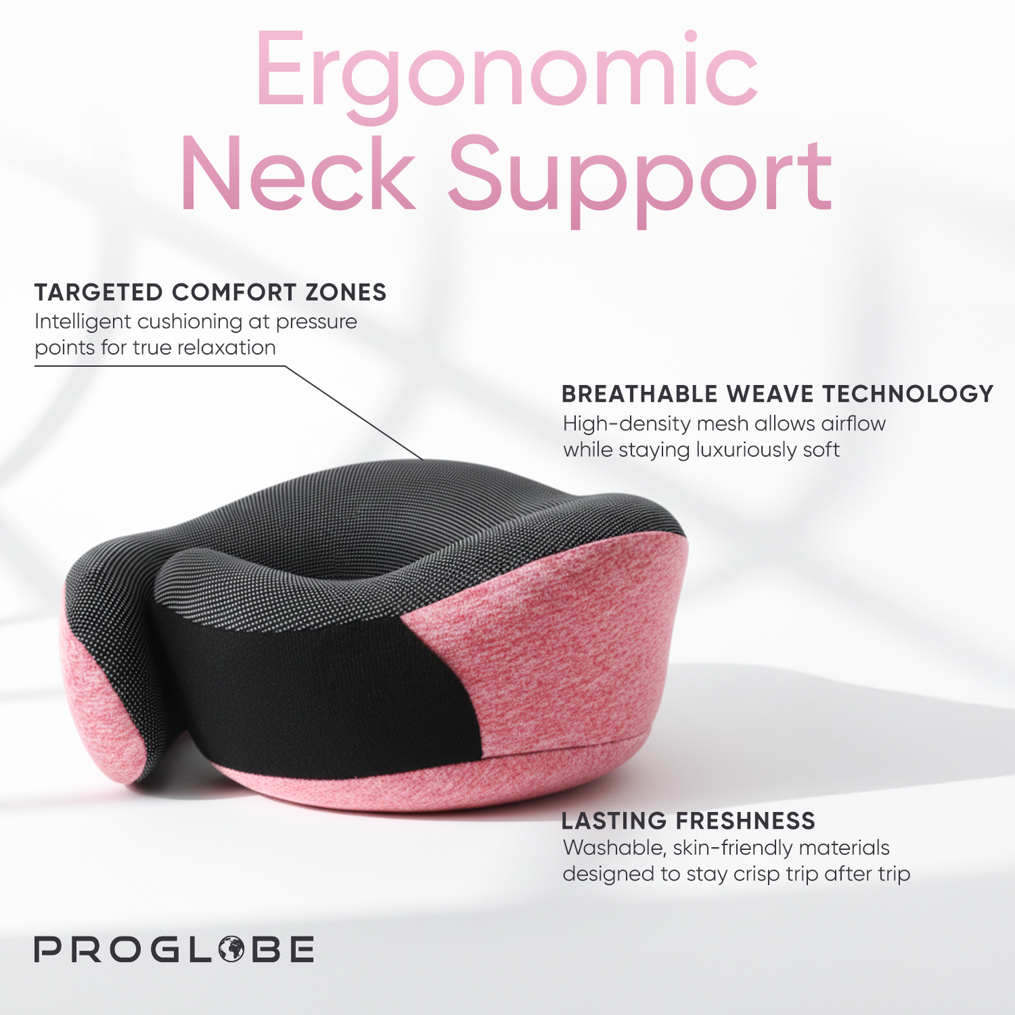 Proglobe Orthopedic Memory Foam Travel Neck Pillow Set – 360° Support Pillow with 3D Eye Mask, Earplugs & Luxury Mesh Carry Bag - Pink