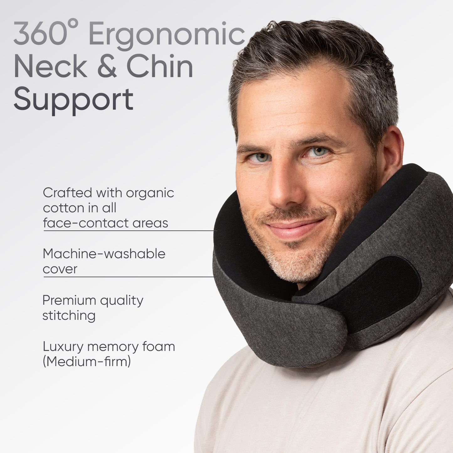Ash Black Memory Foam Luxe Travel Neck Pillow for Airplanes – Lightweight Ergonomic Chin Support Pillow with Compression Bag for Long Flights