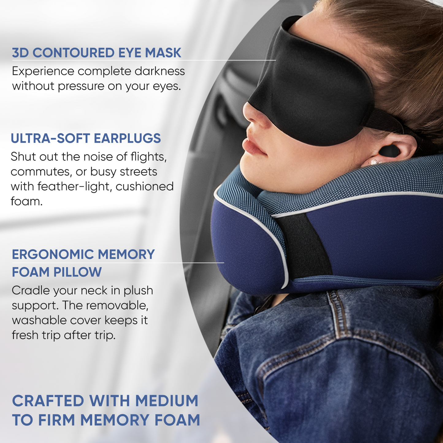 Proglobe Orthopedic Memory Foam Travel Neck Pillow Set – 360° Support Pillow with 3D Eye Mask, Earplugs & Luxury Mesh Carry Bag - Blue