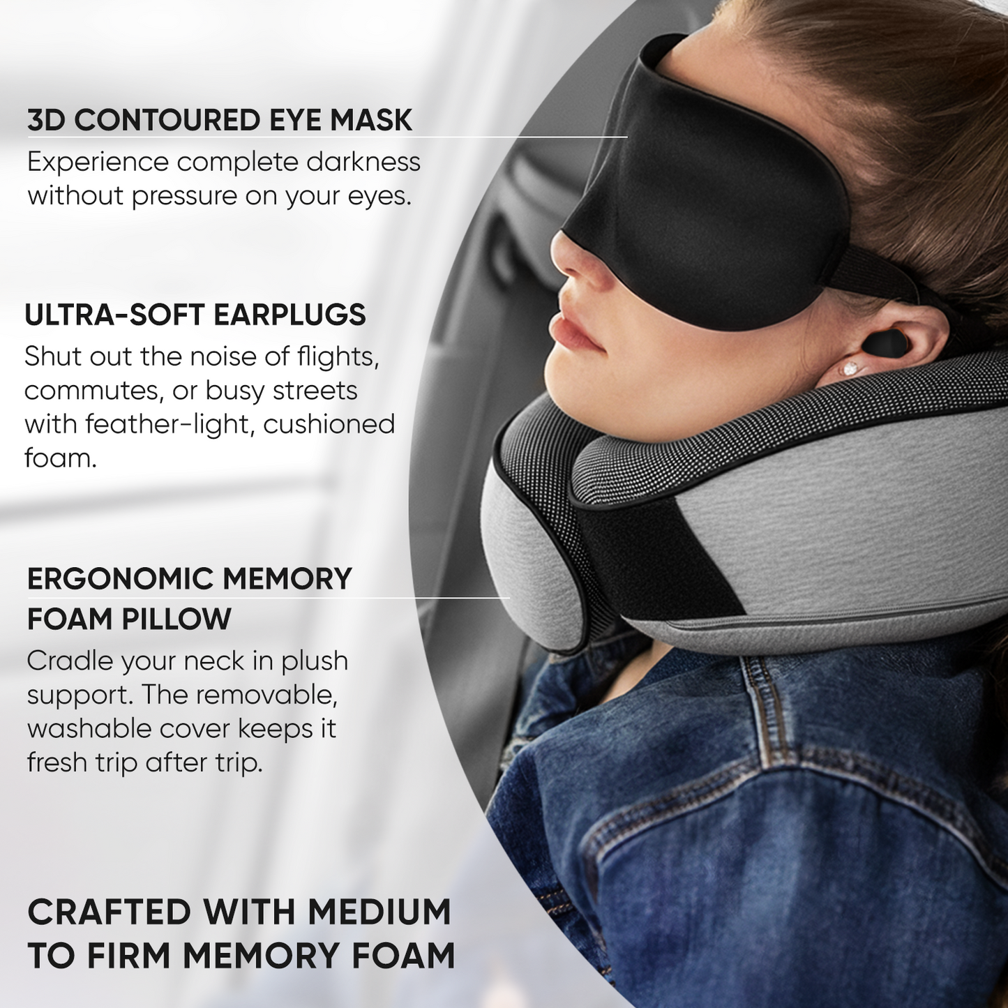 Proglobe Orthopedic Memory Foam Travel Neck Pillow Set – 360° Support Pillow with 3D Eye Mask, Earplugs & Luxury Mesh Carry Bag - Light Gray