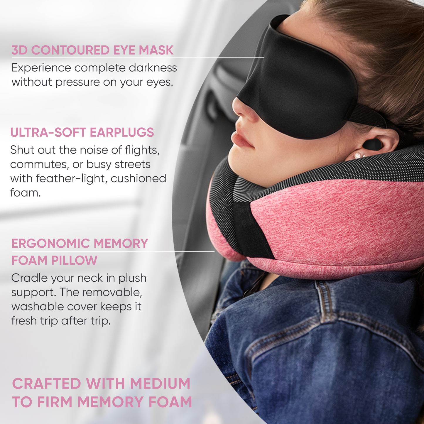 Proglobe Orthopedic Memory Foam Travel Neck Pillow Set – 360° Support Pillow with 3D Eye Mask, Earplugs & Luxury Mesh Carry Bag - Pink
