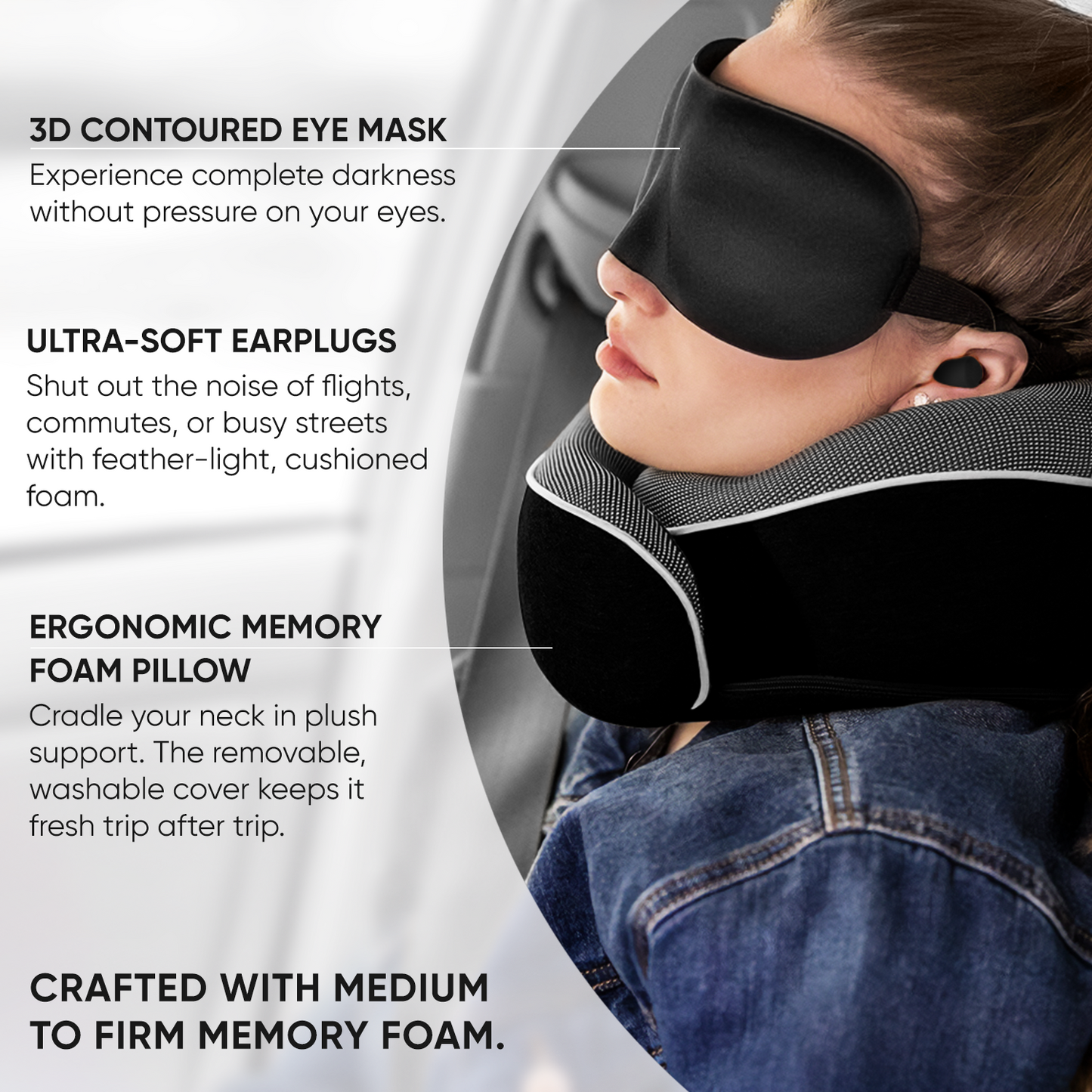 Proglobe Orthopedic Memory Foam Travel Neck Pillow Set – 360° Support Pillow with 3D Eye Mask, Earplugs & Luxury Mesh Carry Bag - Black