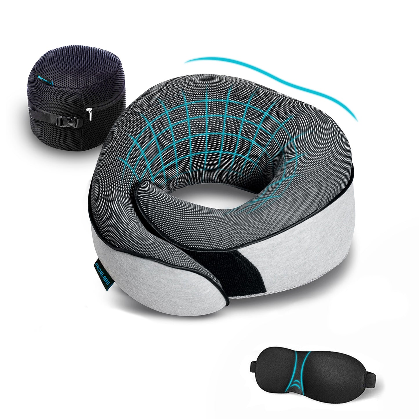 Proglobe Orthopedic Memory Foam Travel Neck Pillow Set – 360° Support Pillow with 3D Eye Mask, Earplugs & Luxury Mesh Carry Bag - Light Gray