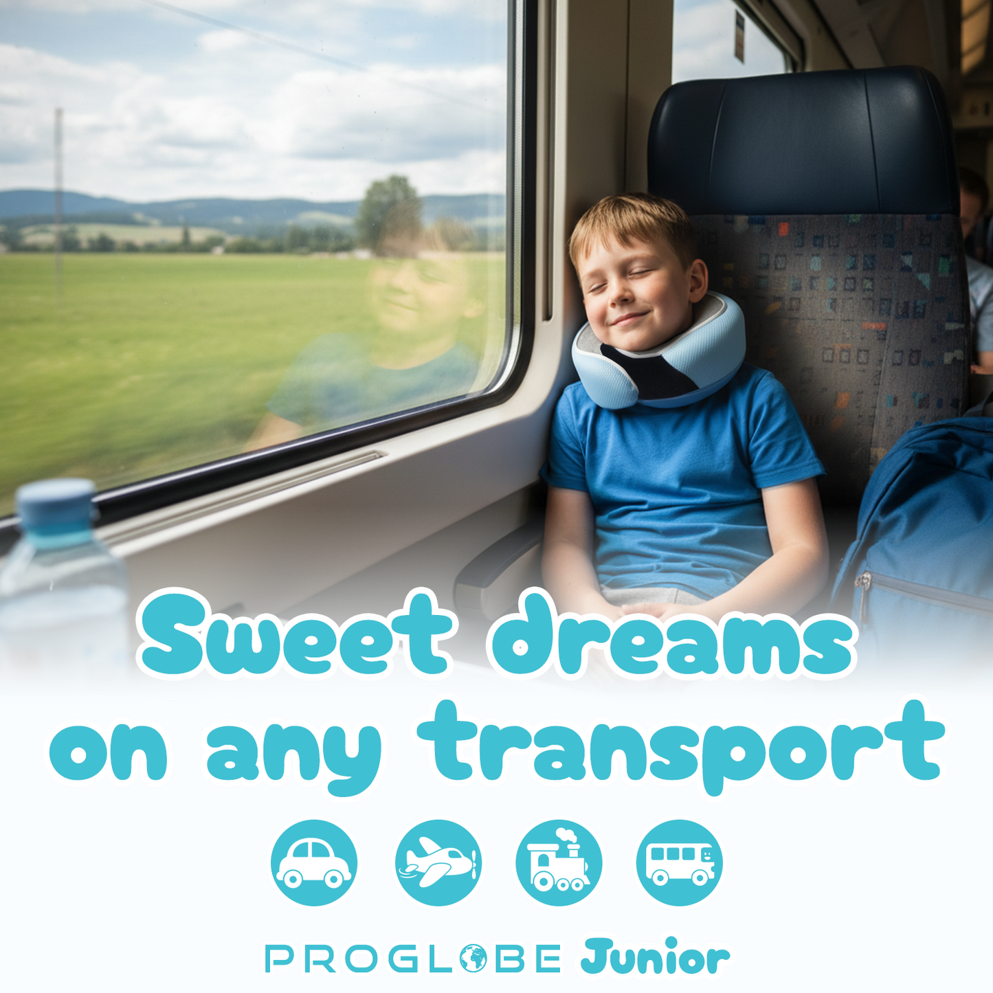 Proglobe Junior Kids Travel Neck Pillow (Light Blue) – Ergonomic Memory Foam Neck Pillow for Car Seat & Airplane, Chin Support, Washable Cover, Ages 4–13