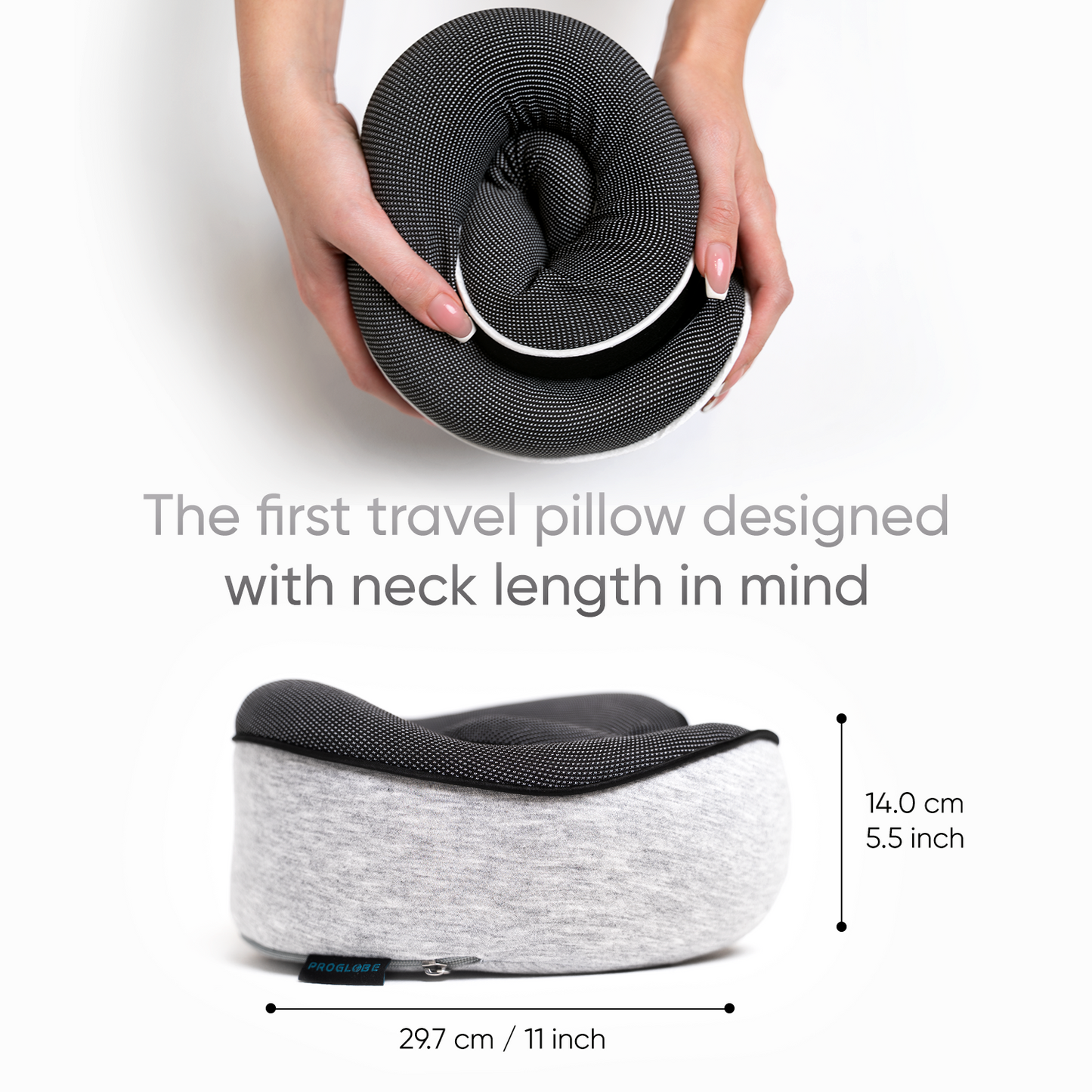 Proglobe Orthopedic Memory Foam Travel Neck Pillow Set – 360° Support Pillow with 3D Eye Mask, Earplugs & Luxury Mesh Carry Bag - Light Gray