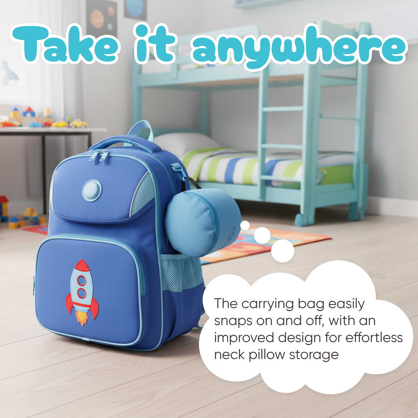 Proglobe Junior Kids Travel Neck Pillow (Light Blue) – Ergonomic Memory Foam Neck Pillow for Car Seat & Airplane, Chin Support, Washable Cover, Ages 4–13