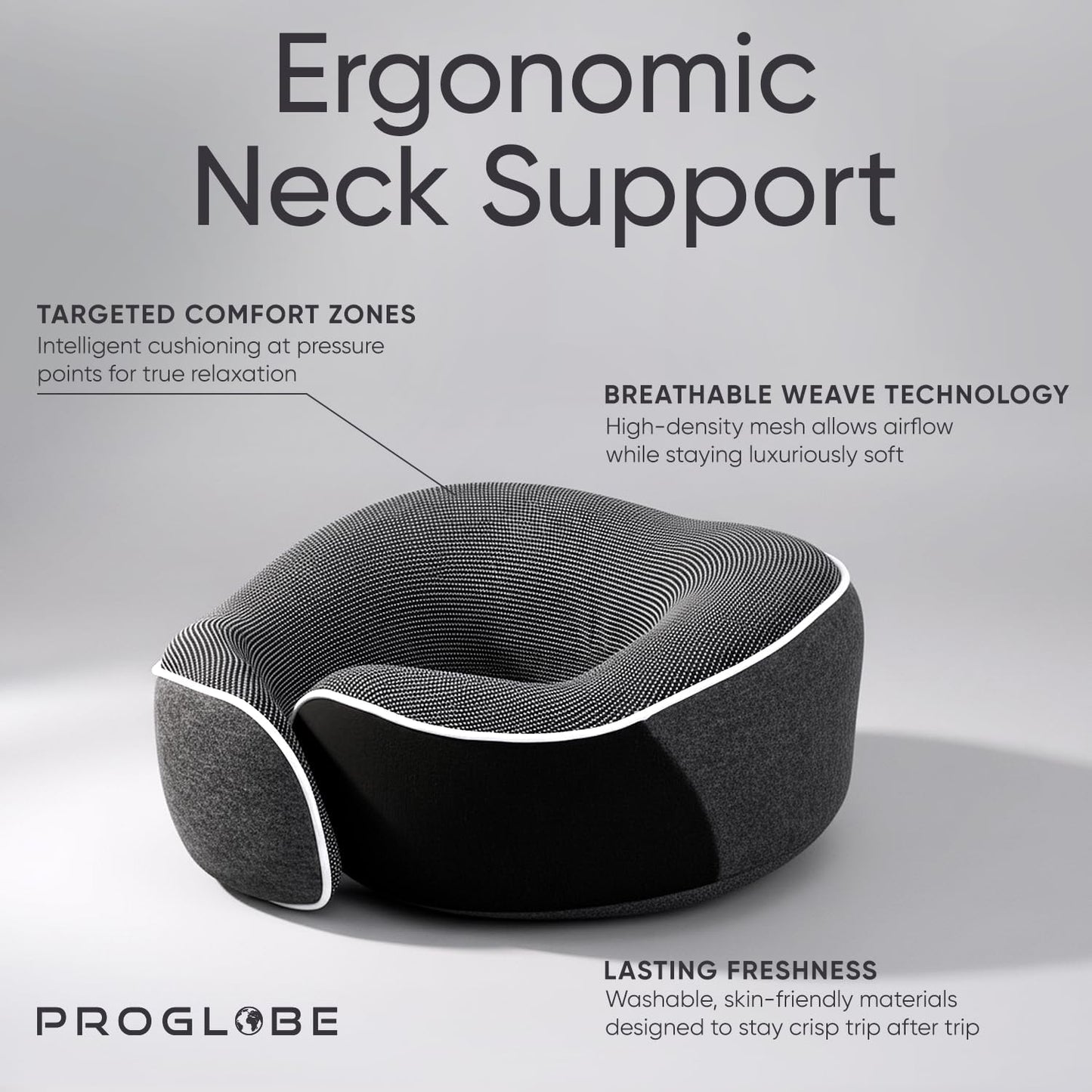 Proglobe Orthopedic Memory Foam Travel Neck Pillow Set – 360° Support Pillow with 3D Eye Mask, Earplugs & Luxury Mesh Carry Bag - Dark Gray
