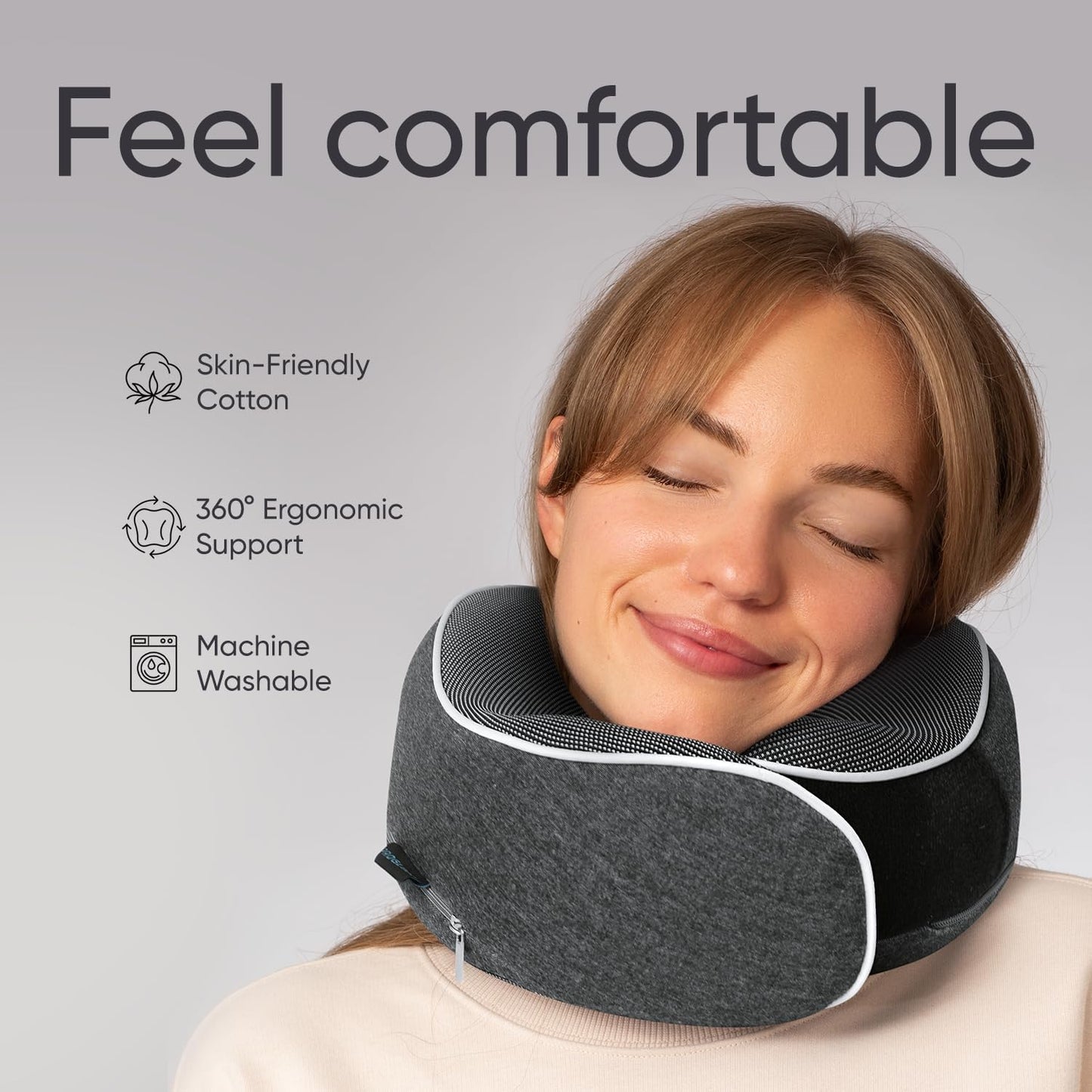 Proglobe Orthopedic Memory Foam Travel Neck Pillow Set – 360° Support Pillow with 3D Eye Mask, Earplugs & Luxury Mesh Carry Bag - Dark Gray