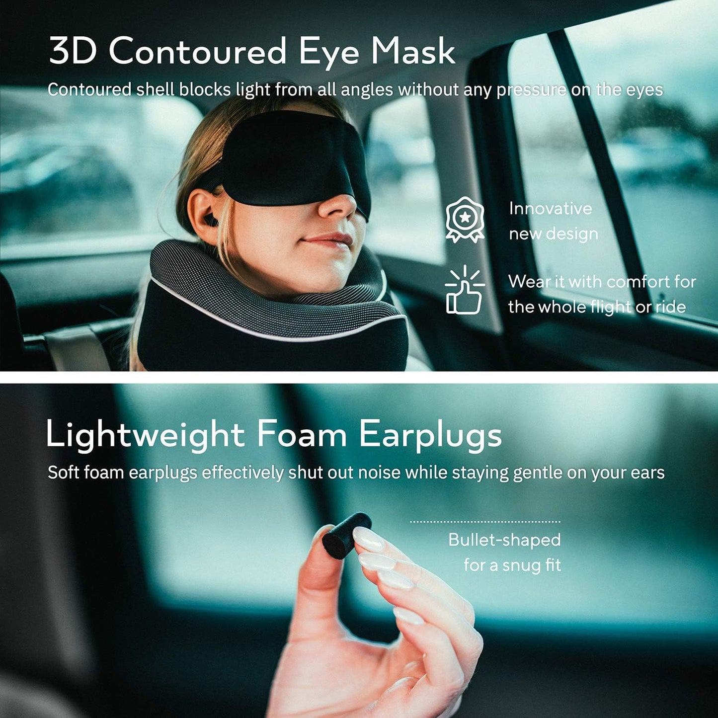 Proglobe Orthopedic Memory Foam Travel Neck Pillow Set – 360° Support Pillow with 3D Eye Mask, Earplugs & Luxury Mesh Carry Bag - Black