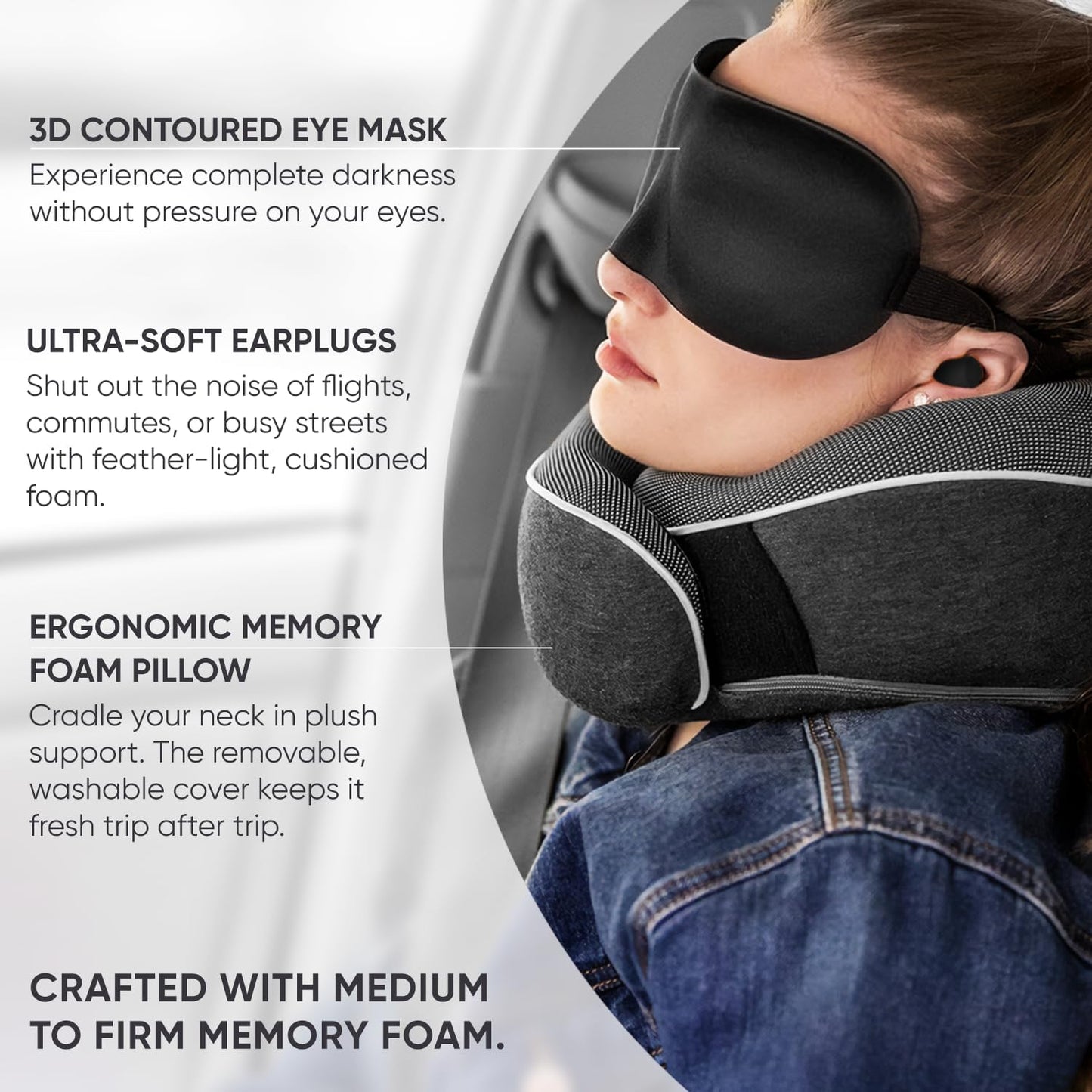 Proglobe Orthopedic Memory Foam Travel Neck Pillow Set – 360° Support Pillow with 3D Eye Mask, Earplugs & Luxury Mesh Carry Bag - Dark Gray