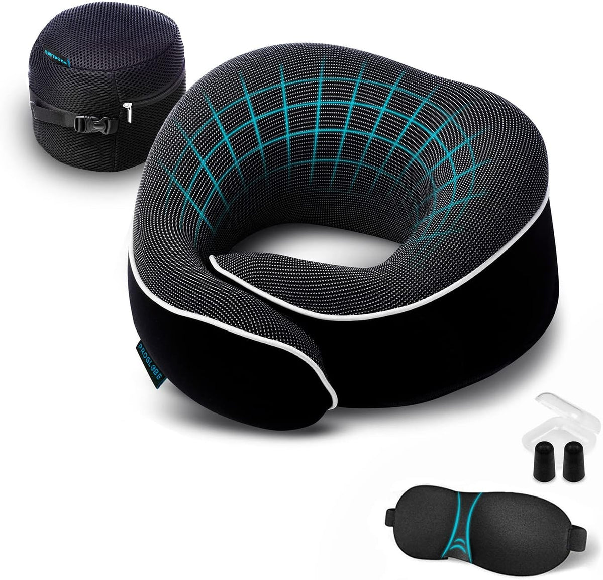 Proglobe Orthopedic travel neck pillow set in Black with eye mask, earplugs and mesh carry bag