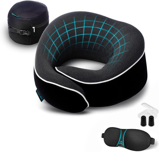 Proglobe Orthopedic travel neck pillow set in Black with eye mask, earplugs and mesh carry bag