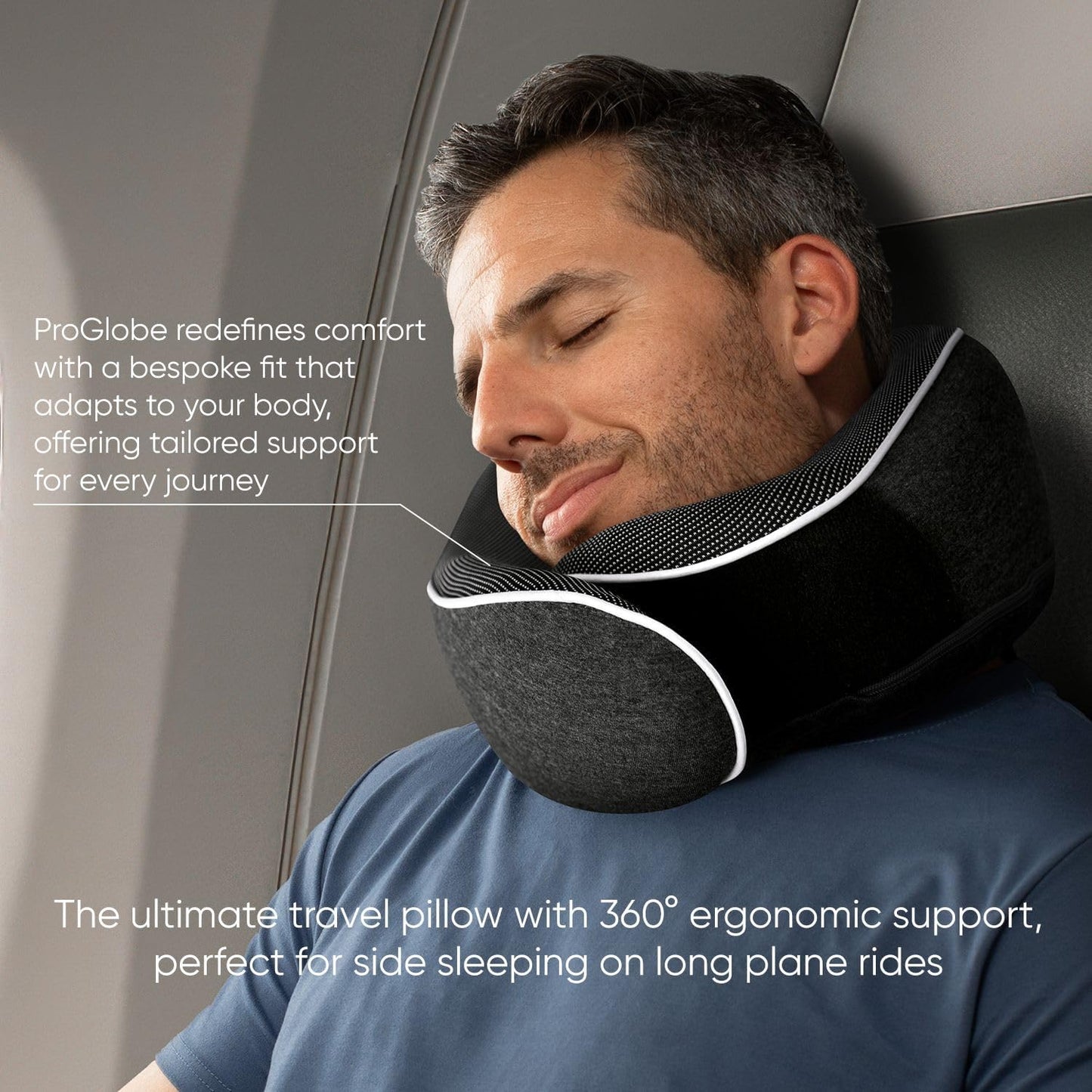 Proglobe Orthopedic Memory Foam Travel Neck Pillow Set – 360° Support Pillow with 3D Eye Mask, Earplugs & Luxury Mesh Carry Bag - Dark Gray