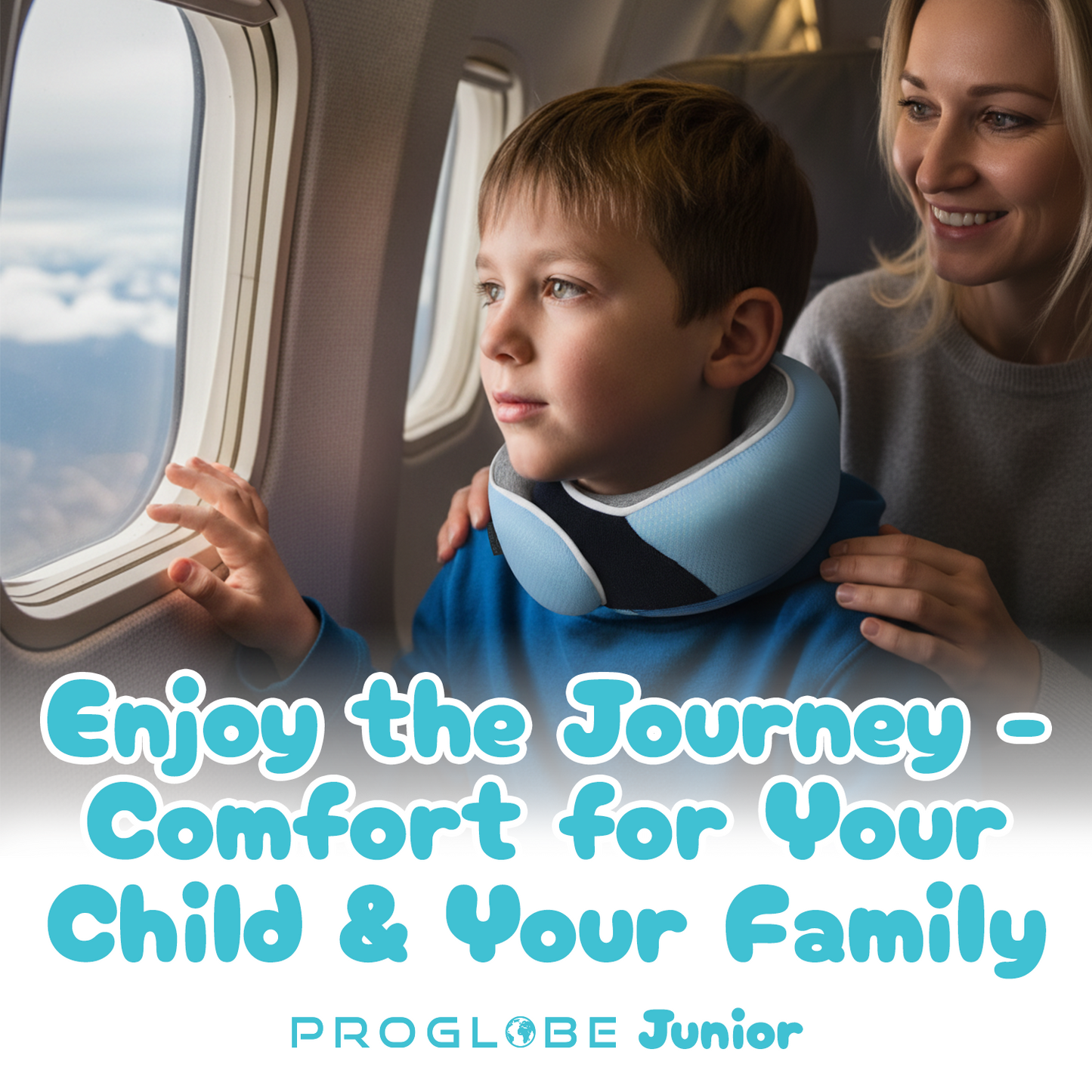 Proglobe Junior Kids Travel Neck Pillow (Light Blue) – Ergonomic Memory Foam Neck Pillow for Car Seat & Airplane, Chin Support, Washable Cover, Ages 4–13