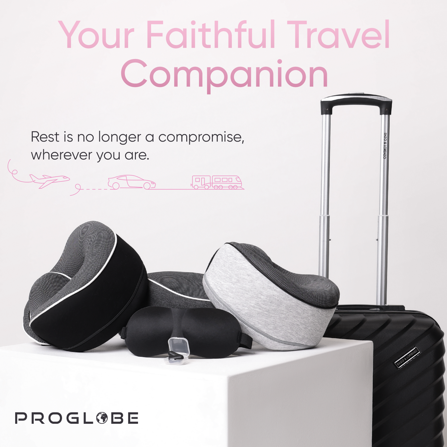 Proglobe Orthopedic Memory Foam Travel Neck Pillow Set – 360° Support Pillow with 3D Eye Mask, Earplugs & Luxury Mesh Carry Bag - Pink