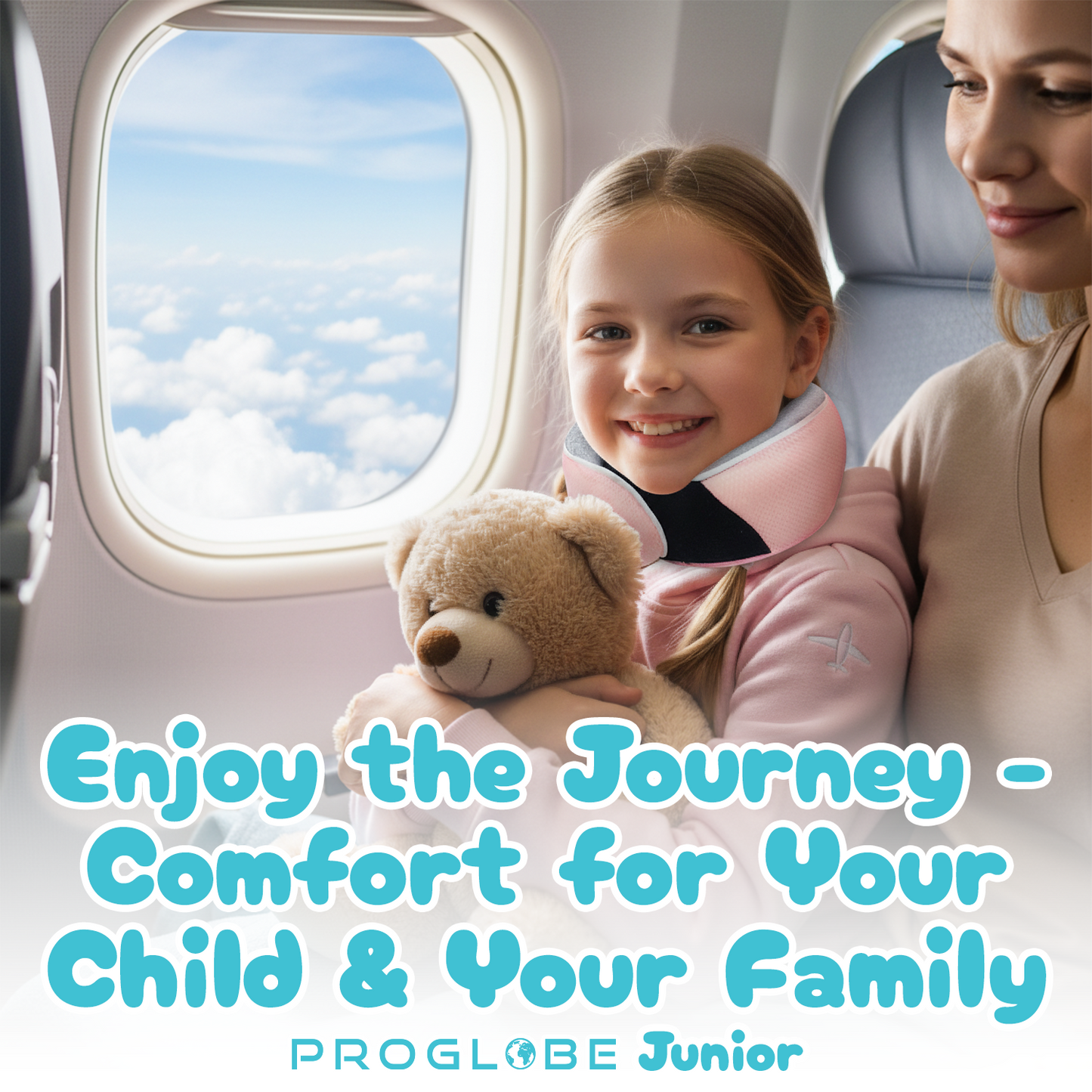 Proglobe Junior Kids Travel Neck Pillow (Light Pink) – Ergonomic Memory Foam Neck Pillow for Car Seat & Airplane, Chin Support, Washable Cover, Ages 4–13