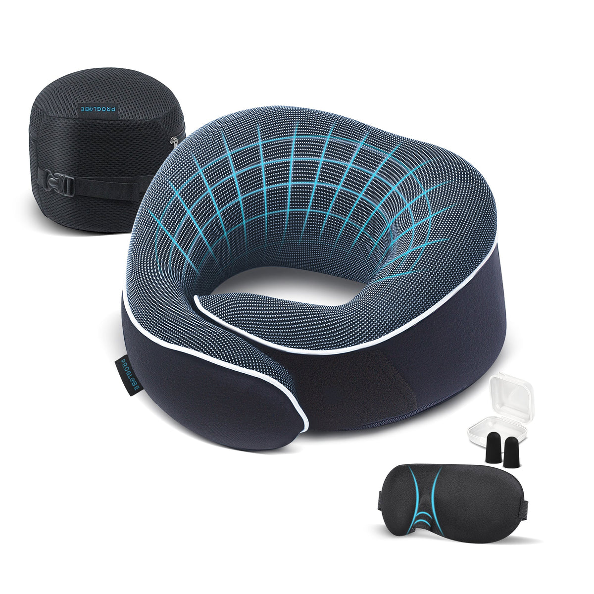 Proglobe Orthopedic travel neck pillow set in Blue with eye mask, earplugs and mesh carry bag