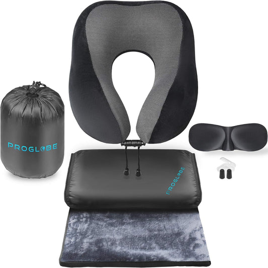 Proglobe 4-in-1 Luxury Travel Blanket Set – Memory Foam Neck Pillow, Super Soft Fleece Blanket, 3D Sleep Mask & Earplugs Travel Kit