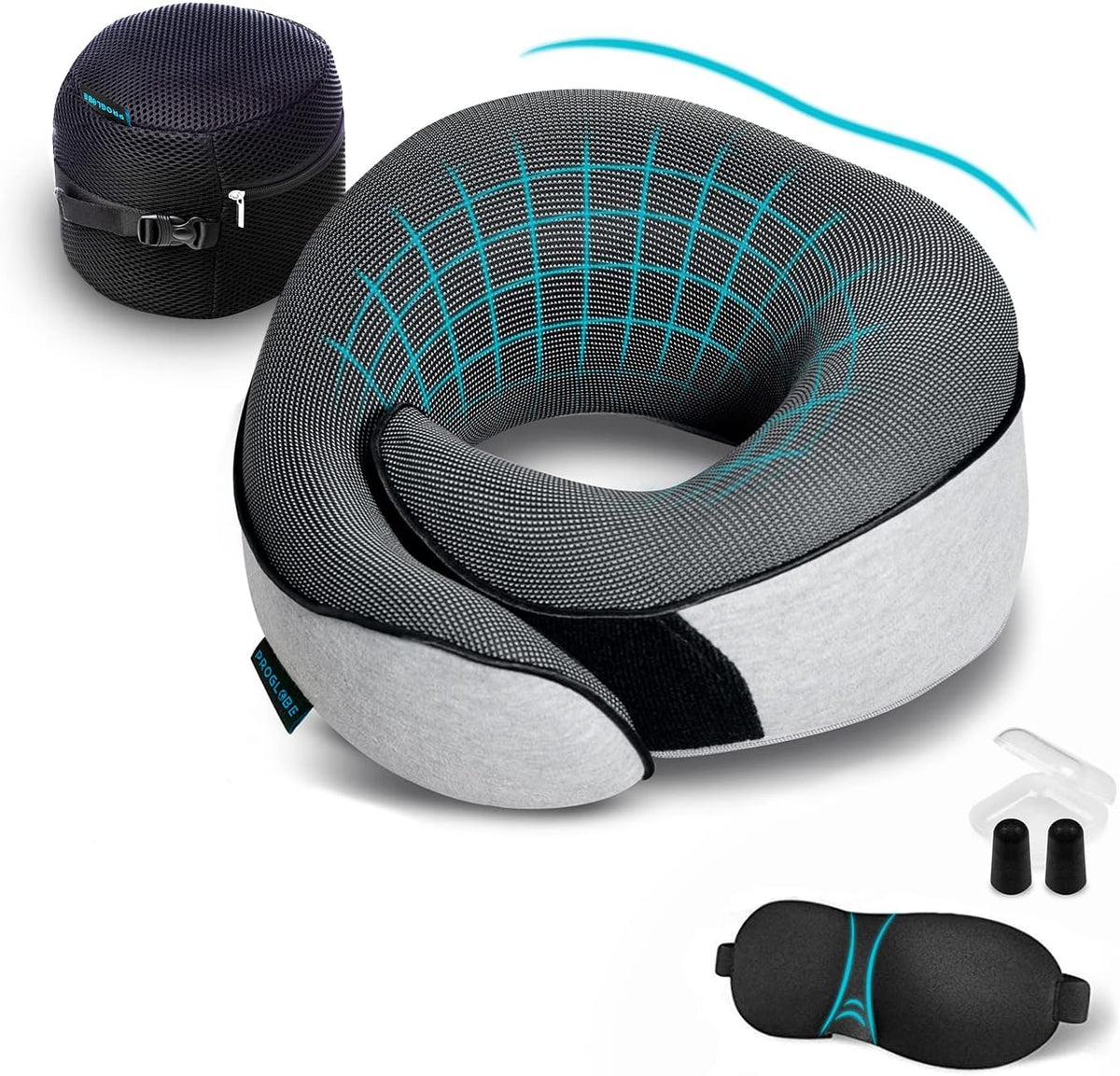 Proglobe Orthopedic travel neck pillow in Light Grey with mesh airflow panel, shown with its carry case, 3D eye mask and earplugs