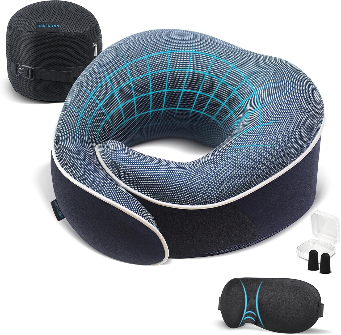 Proglobe Orthopedic Memory Foam Travel Neck Pillow Set – 360° Support Pillow with 3D Eye Mask, Earplugs & Luxury Mesh Carry Bag - Black