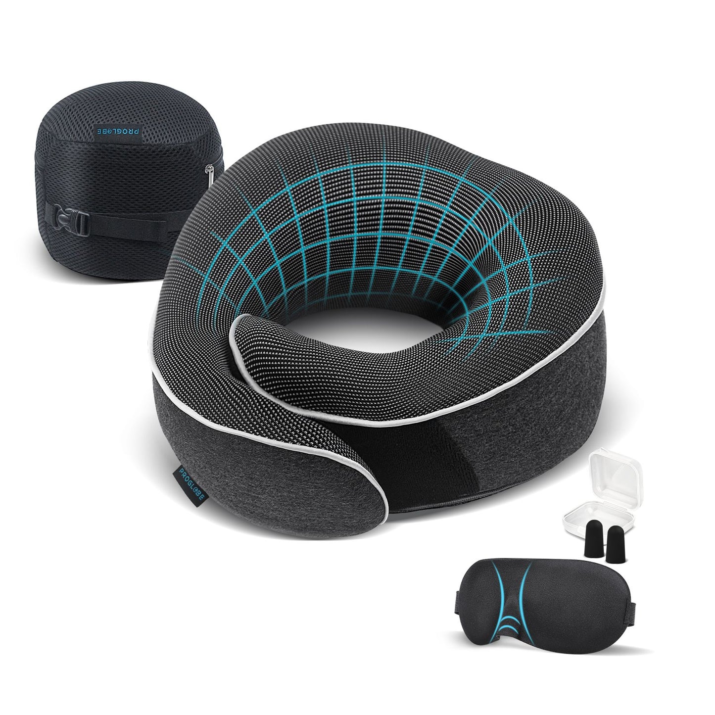 Proglobe Orthopedic Memory Foam Travel Neck Pillow Set – 360° Support Pillow with 3D Eye Mask, Earplugs & Luxury Mesh Carry Bag - Black