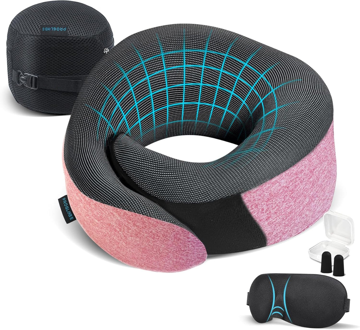 Proglobe Orthopedic travel neck pillow in Pink with mesh airflow panel, shown with its carry case, 3D eye mask and earplugs