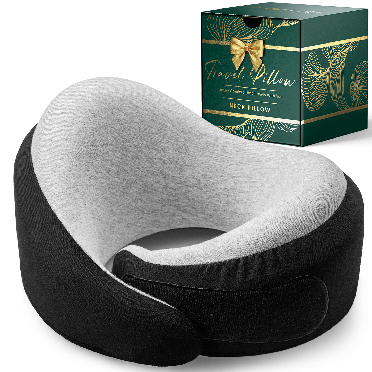 Proglobe Charcoal Black Memory Foam Travel Neck Pillow for Airplanes – Lightweight Ergonomic Chin Support Pillow with Compression Bag