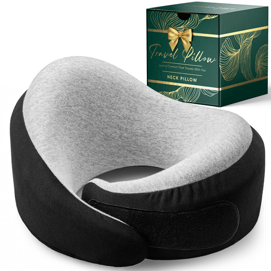Proglobe Charcoal Black Memory Foam Travel Neck Pillow for Airplanes – Lightweight Ergonomic Chin Support Pillow with Compression Bag