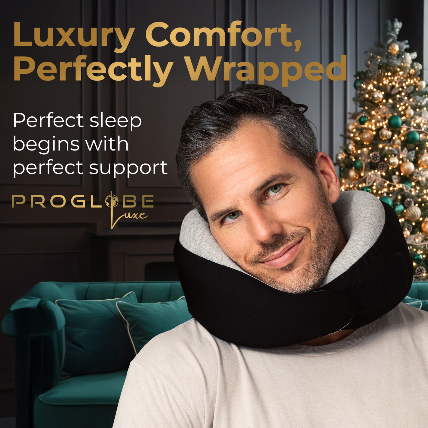 Proglobe Charcoal Black Memory Foam Travel Neck Pillow for Airplanes – Lightweight Ergonomic Chin Support Pillow with Compression Bag