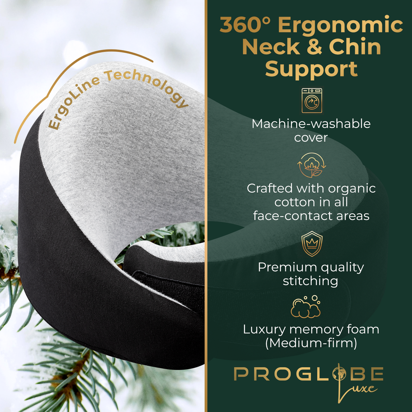 Proglobe Charcoal Black Memory Foam Travel Neck Pillow for Airplanes – Lightweight Ergonomic Chin Support Pillow with Compression Bag