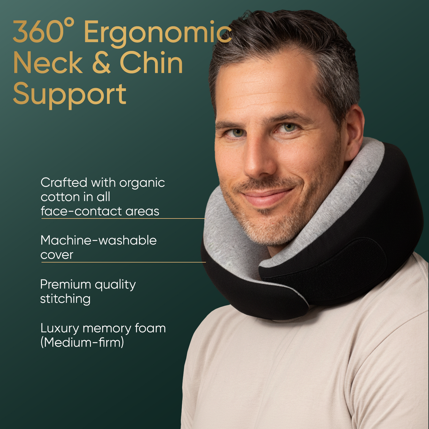 Proglobe Charcoal Black Memory Foam Travel Neck Pillow for Airplanes – Lightweight Ergonomic Chin Support Pillow with Compression Bag